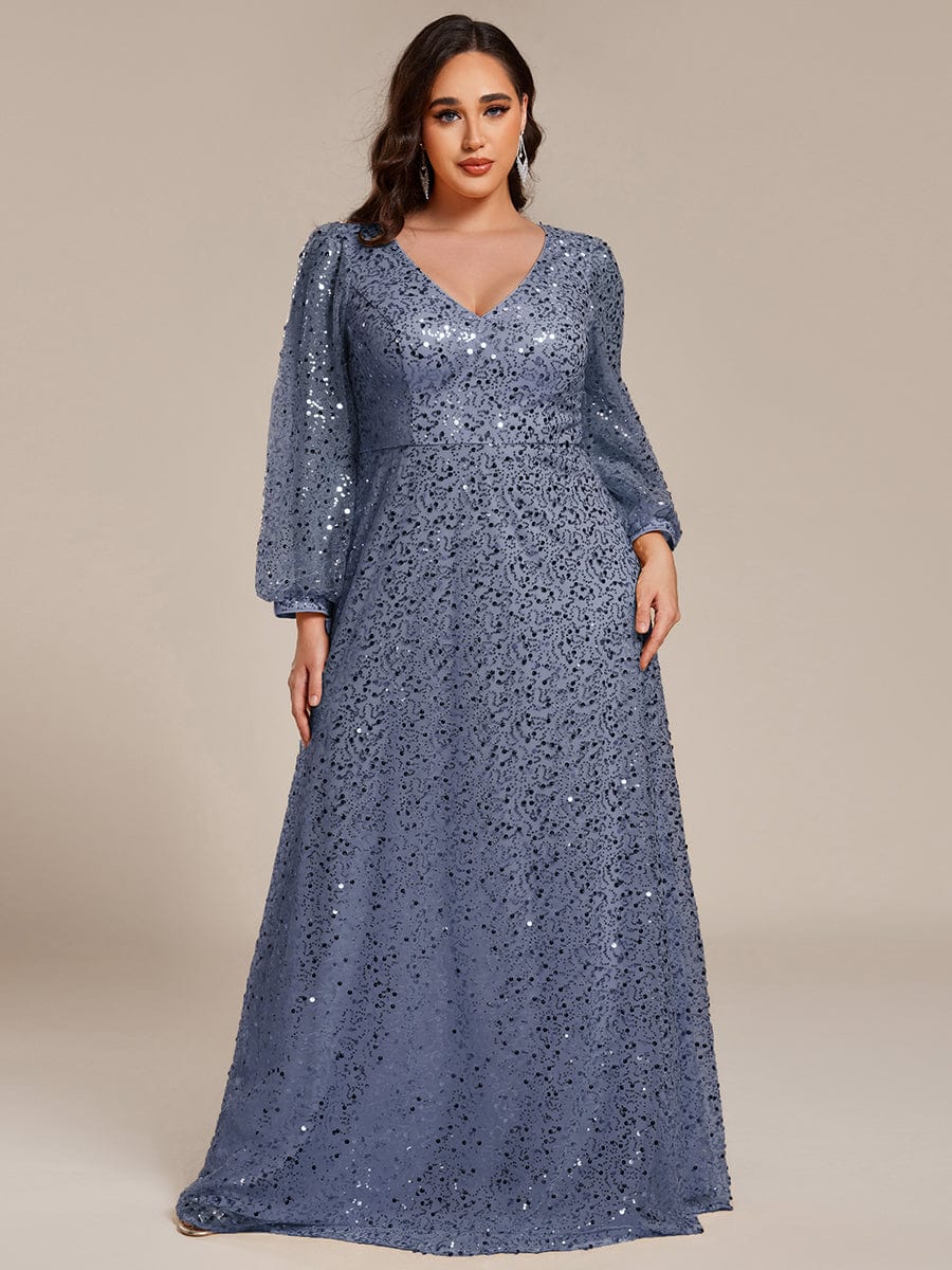 Plus Size V-Neck Lantern Long Sleeve Sequin A-Line Evening Dress #color_Dusty Blue