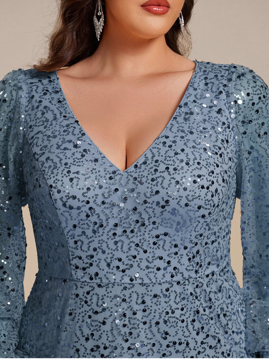 Shimmering All Over V-Neck Long Lantern Sleeve Sequin A-Line Evening Dress #color_Dusty Navy