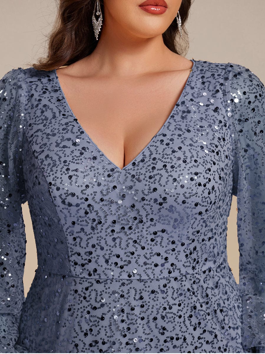 Plus Size V-Neck Lantern Long Sleeve Sequin A-Line Evening Dress #color_Dusty Blue