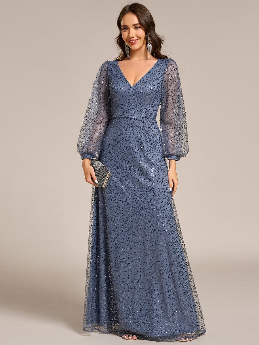 Shimmering All Over V-Neck Long Lantern Sleeve Sequin A-Line Evening Dress #color_Dusty Blue