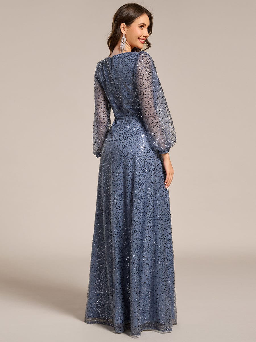 Shimmering All Over V-Neck Long Lantern Sleeve Sequin A-Line Evening Dress #color_Dusty Blue