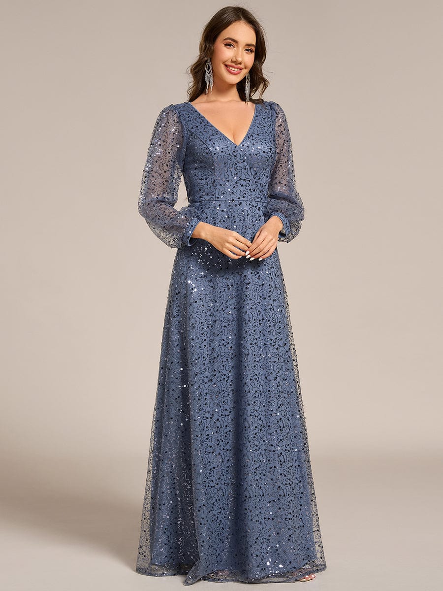 Shimmering All Over V-Neck Long Lantern Sleeve Sequin A-Line Evening Dress #color_Dusty Blue