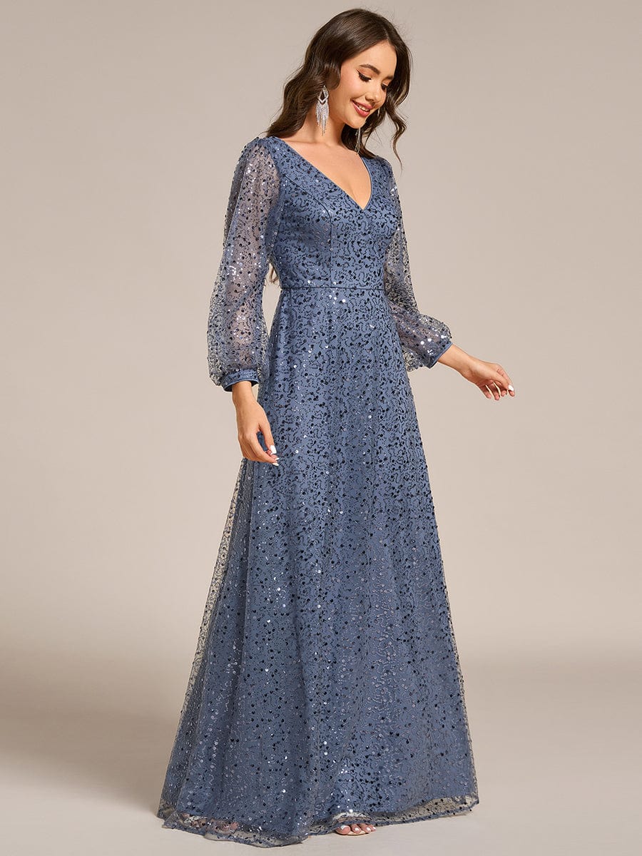 Shimmering All Over V-Neck Long Lantern Sleeve Sequin A-Line Evening Dress #color_Dusty Blue