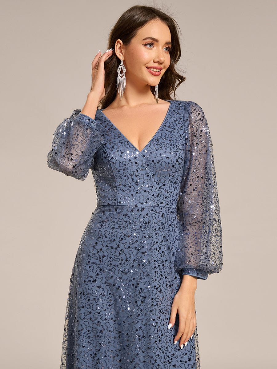 Shimmering All Over V-Neck Long Lantern Sleeve Sequin A-Line Evening Dress #color_Dusty Blue