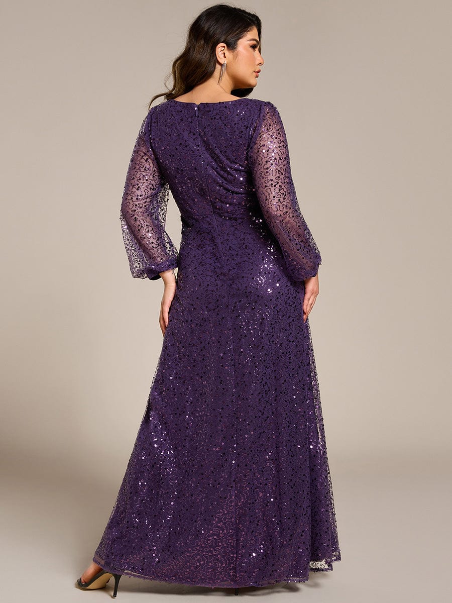 Shimmering All Over V-Neck Long Lantern Sleeve Sequin A-Line Evening Dress #color_Dark Purple