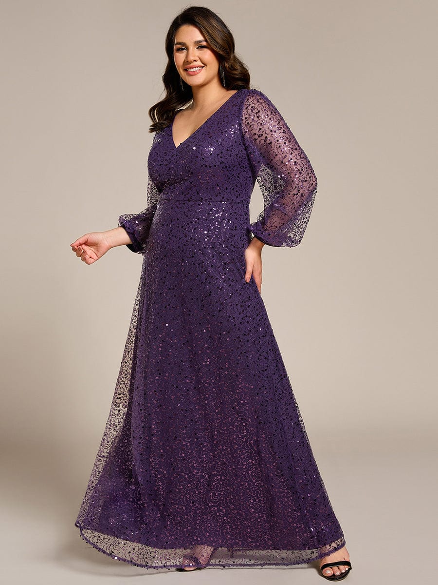 Shimmering All Over V-Neck Long Lantern Sleeve Sequin A-Line Evening Dress #color_Dark Purple