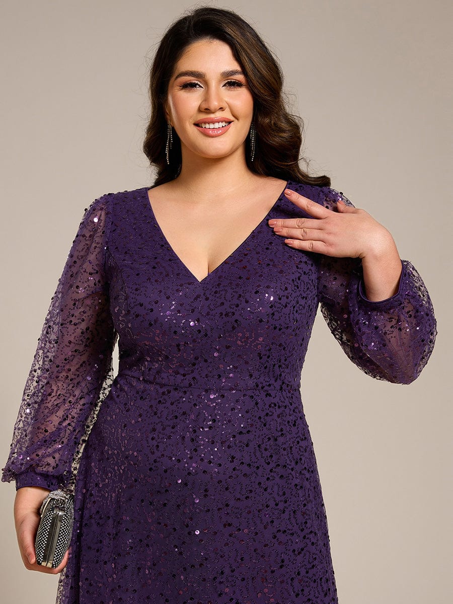 Shimmering All Over V-Neck Long Lantern Sleeve Sequin A-Line Evening Dress #color_Dark Purple