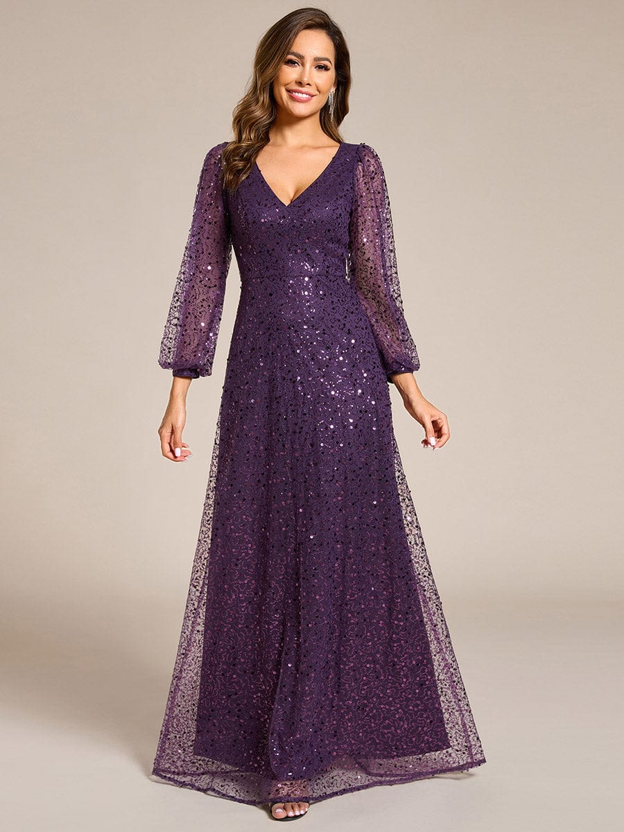 Shimmering All Over V-Neck Long Lantern Sleeve Sequin A-Line Evening Dress #color_Dark Purple