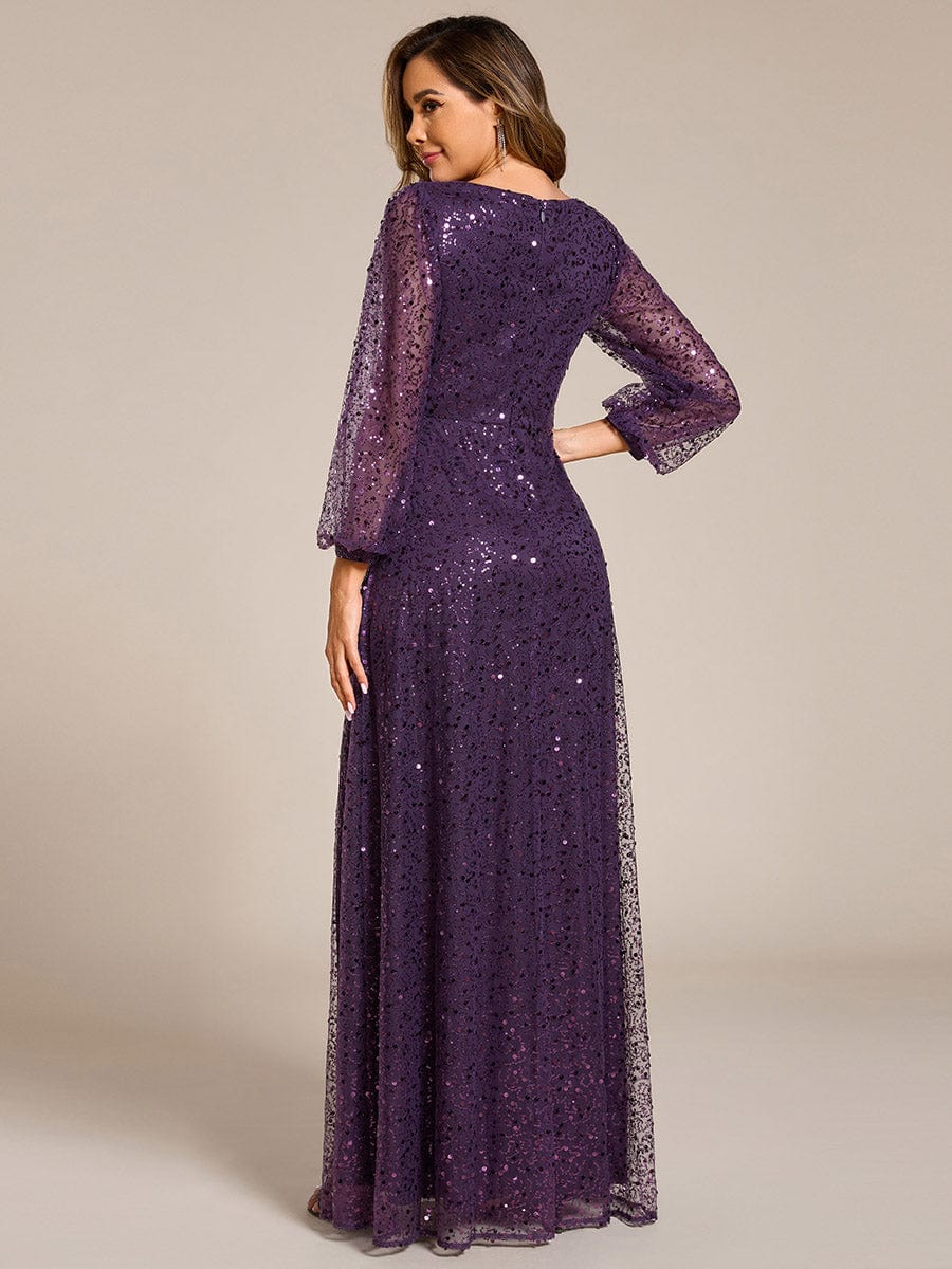 Shimmering All Over V-Neck Long Lantern Sleeve Sequin A-Line Evening Dress #color_Dark Purple