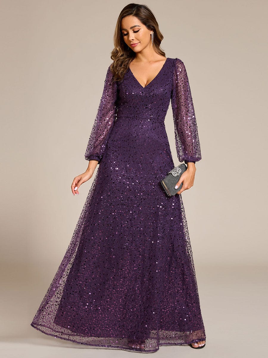 Shimmering All Over V-Neck Long Lantern Sleeve Sequin A-Line Evening Dress #color_Dark Purple