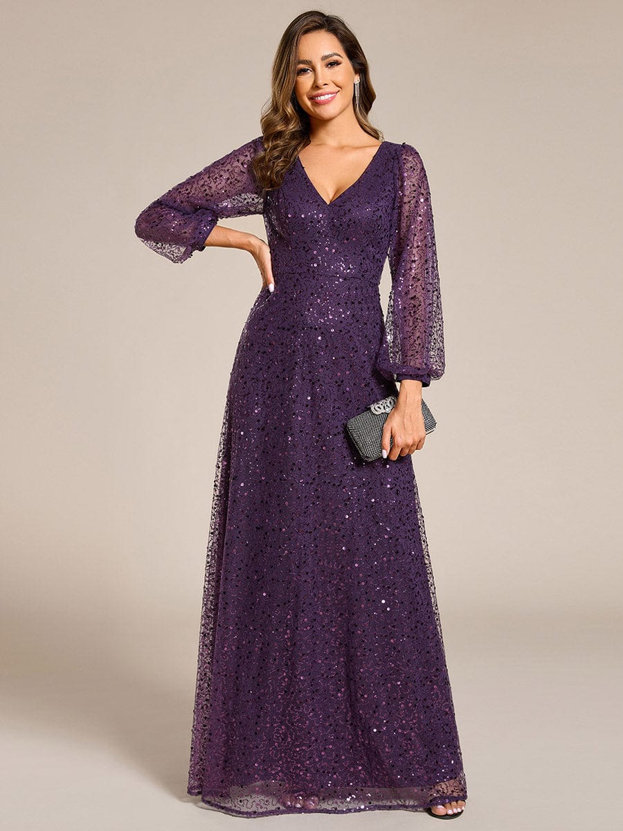 Shimmering All Over V-Neck Long Lantern Sleeve Sequin A-Line Evening Dress #color_Dark Purple