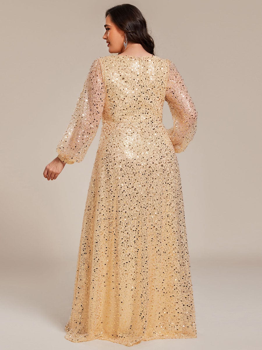 Shimmering All Over V-Neck Long Lantern Sleeve Sequin A-Line Evening Dress #color_Gold