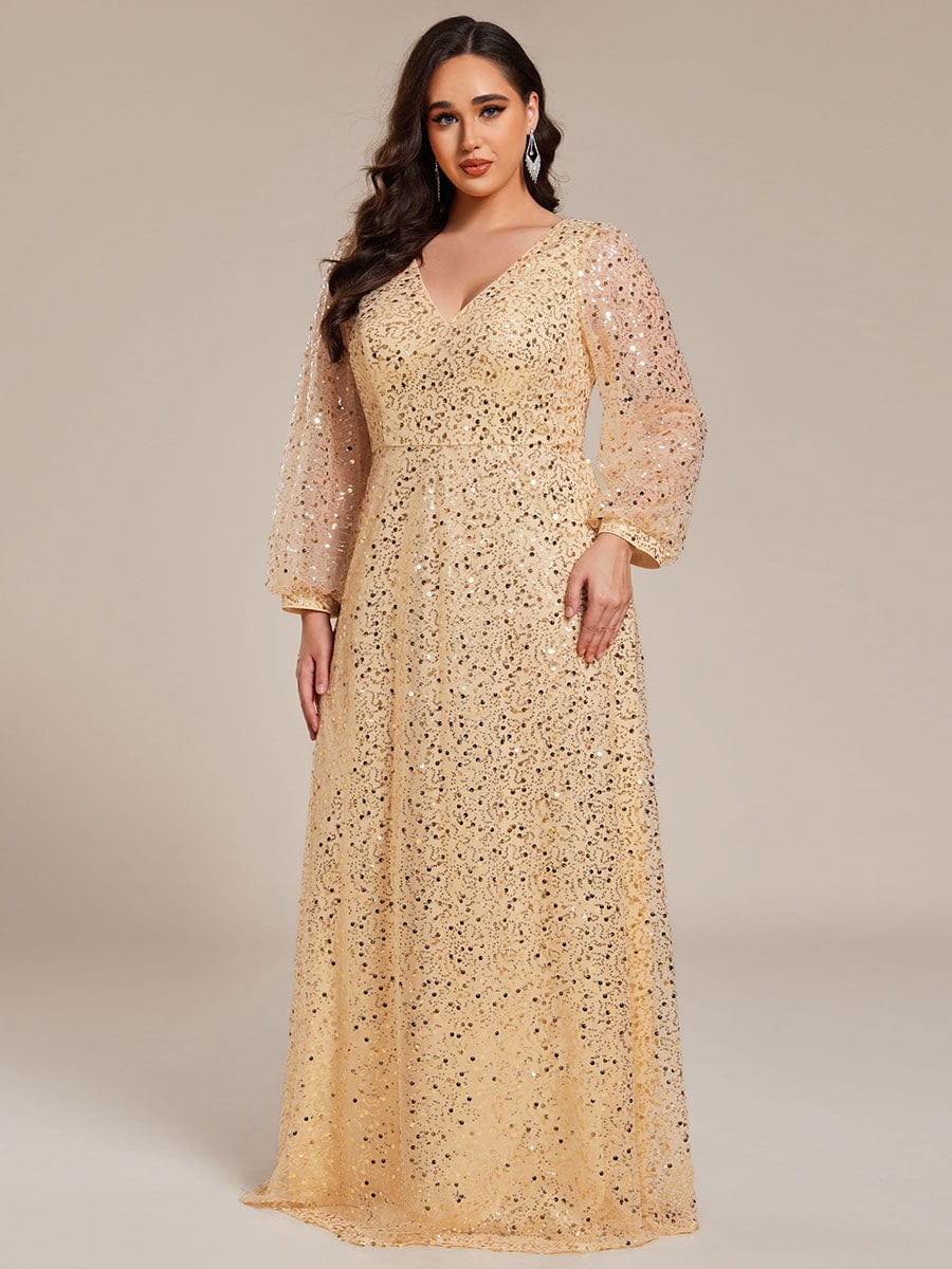 Shimmering All Over V-Neck Long Lantern Sleeve Sequin A-Line Evening Dress #color_Gold