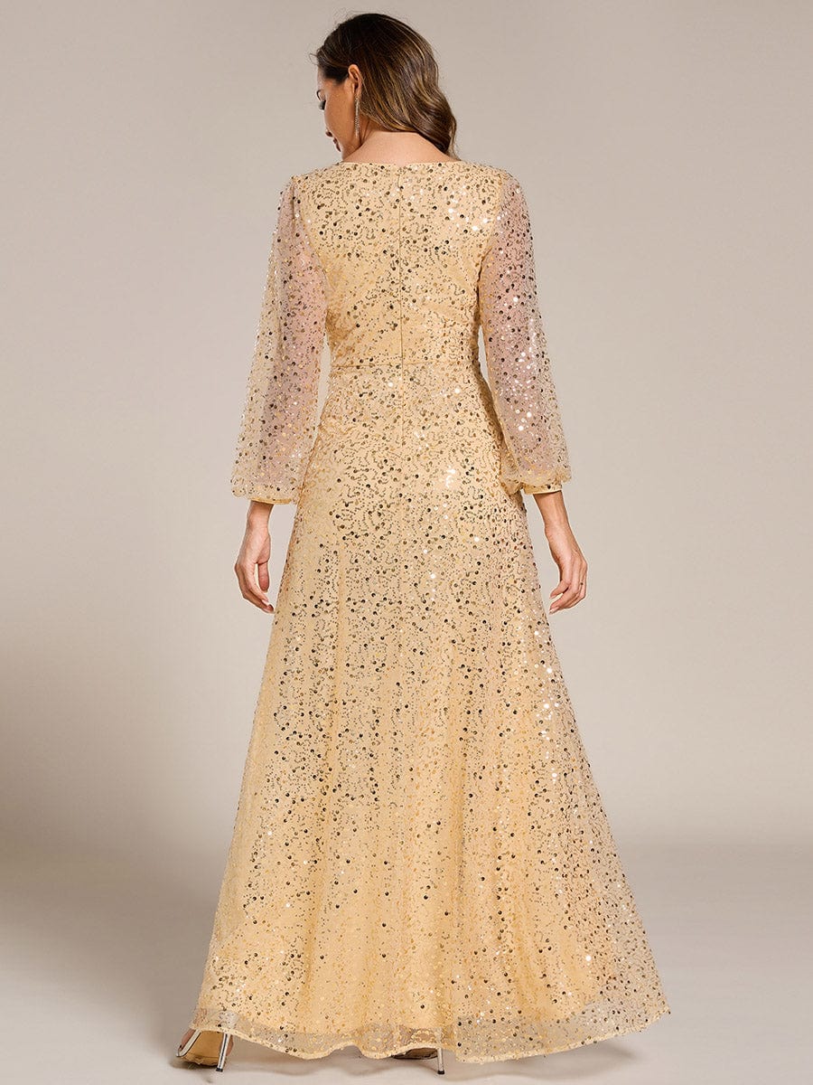 Shimmering All Over V-Neck Long Lantern Sleeve Sequin A-Line Evening Dress #color_Gold