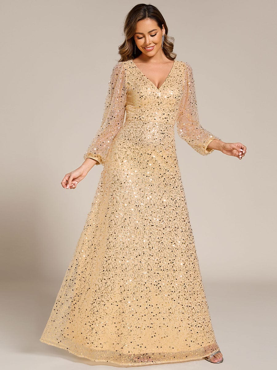 Shimmering All Over V-Neck Long Lantern Sleeve Sequin A-Line Evening Dress #color_Gold