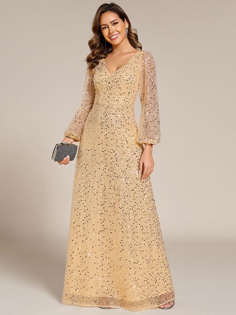 Plus Size V-Neck Lantern Long Sleeve Sequin A-Line Evening Dress #color_Gold