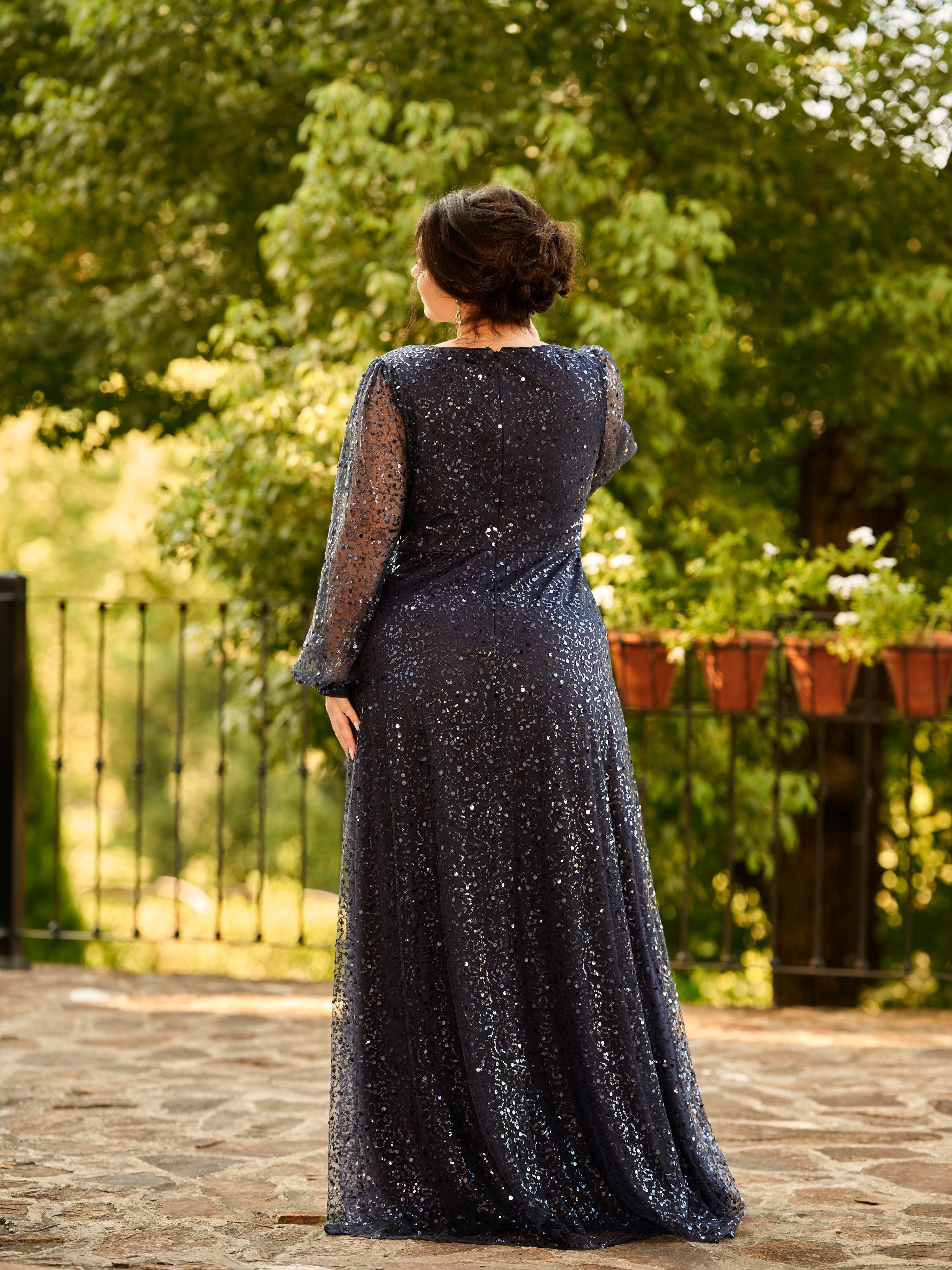 Plus Size V-Neck Lantern Long Sleeve Sequin A-Line Evening Dress #color_Navy Blue