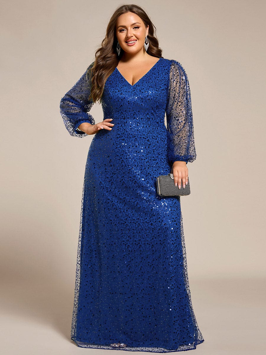 Plus Size V-Neck Lantern Long Sleeve Sequin A-Line Evening Dress #color_Sapphire Blue