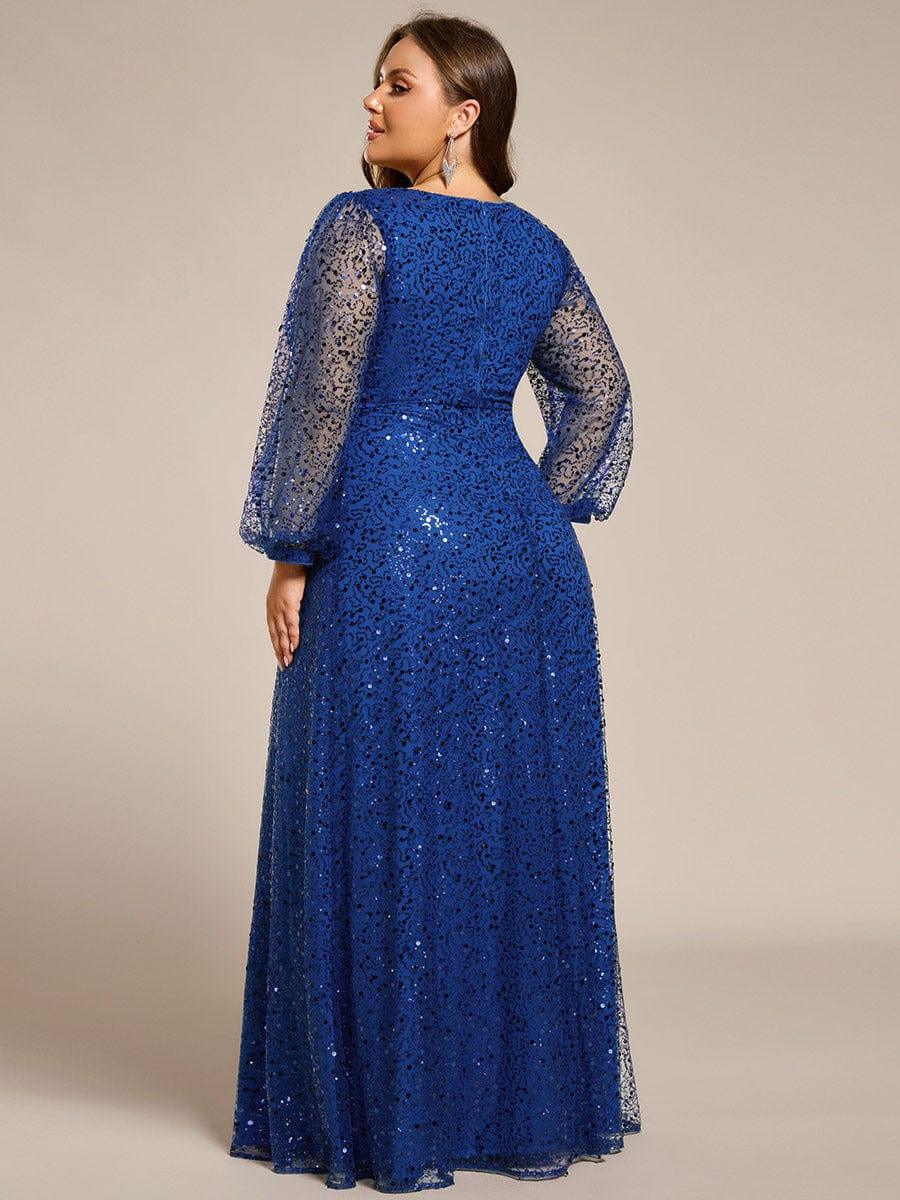 Shimmering All Over V-Neck Long Lantern Sleeve Sequin A-Line Evening Dress #color_Sapphire Blue