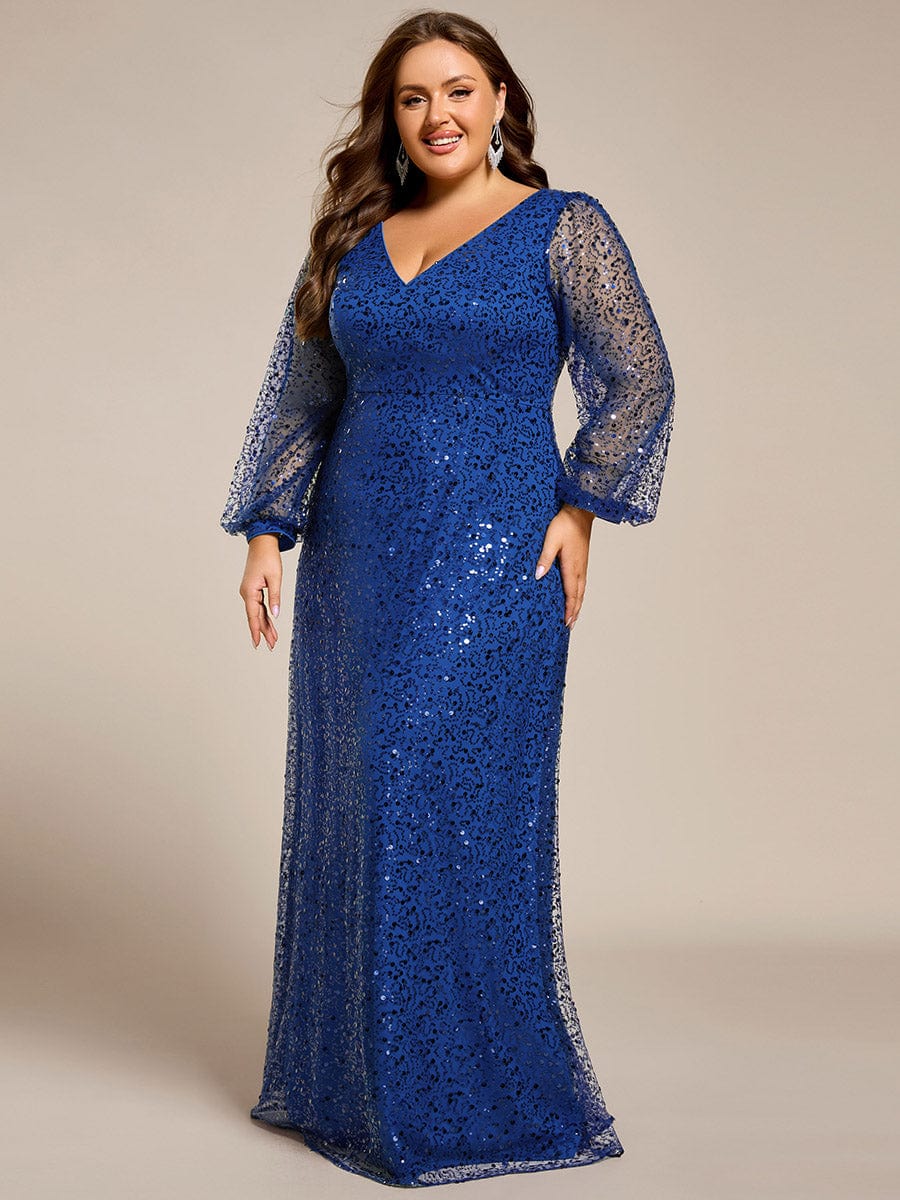 Plus Size V-Neck Lantern Long Sleeve Sequin A-Line Evening Dress #color_Sapphire Blue