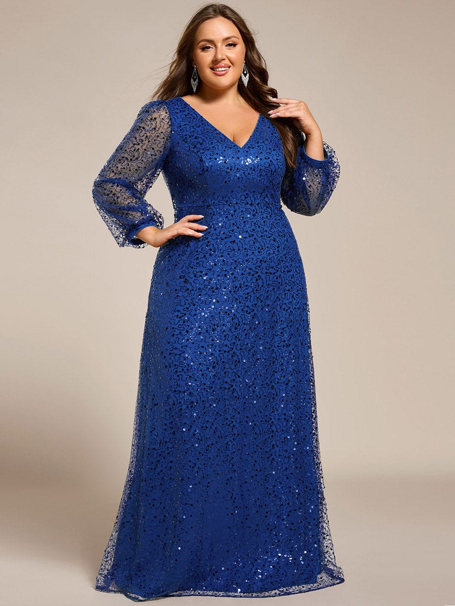 Plus Size V-Neck Lantern Long Sleeve Sequin A-Line Evening Dress #color_Sapphire Blue