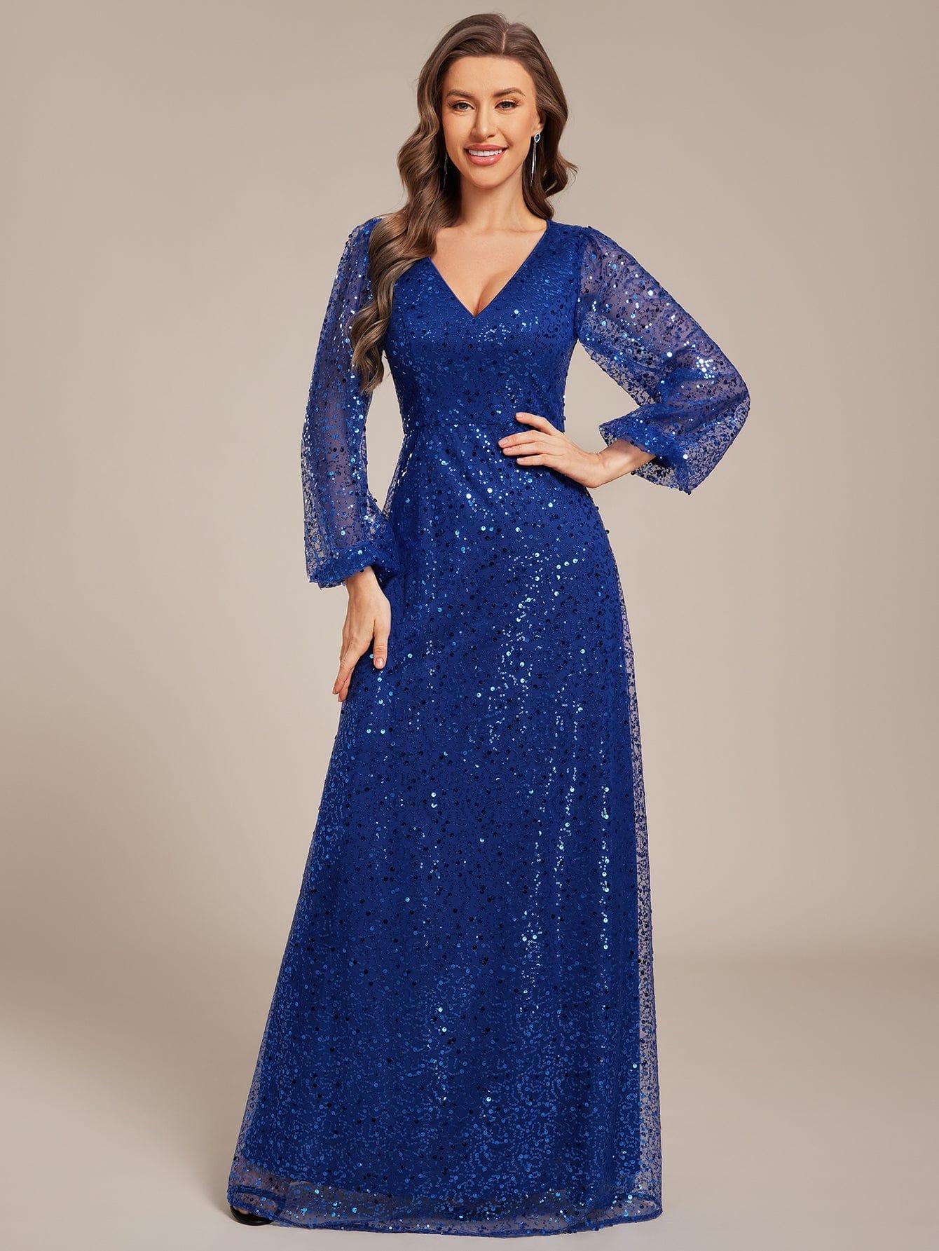 Shimmering All Over V-Neck Long Lantern Sleeve Sequin A-Line Evening Dress #color_Sapphire Blue