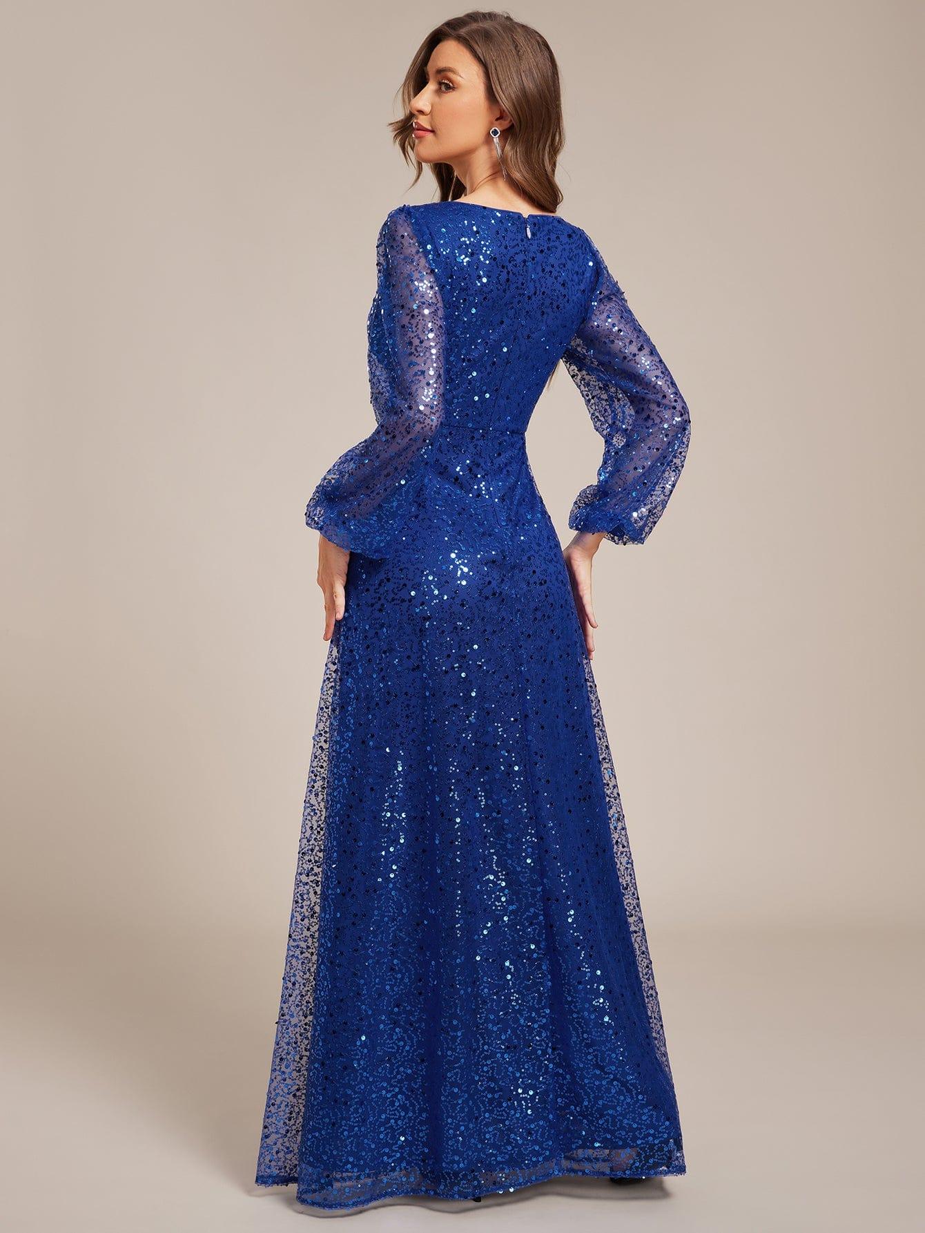 Shimmering All Over V-Neck Long Lantern Sleeve Sequin A-Line Evening Dress #color_Sapphire Blue