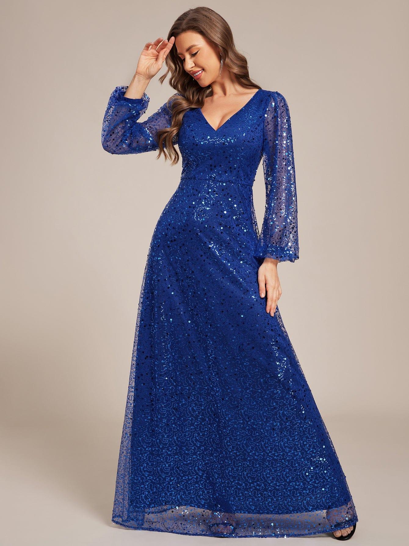 Shimmering All Over V-Neck Long Lantern Sleeve Sequin A-Line Evening Dress #color_Sapphire Blue