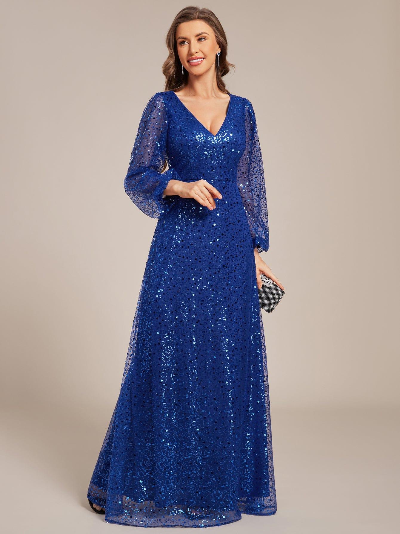 Shimmering All Over V-Neck Long Lantern Sleeve Sequin A-Line Evening Dress #color_Sapphire Blue