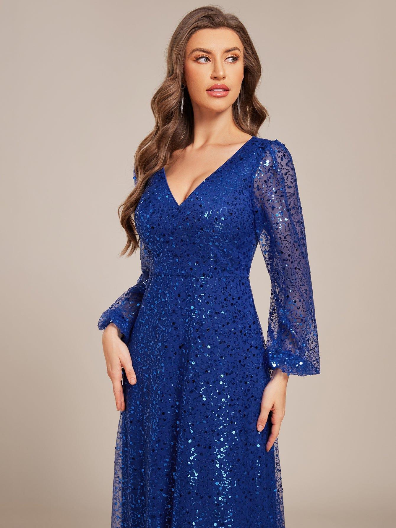 Shimmering All Over V-Neck Long Lantern Sleeve Sequin A-Line Evening Dress #color_Sapphire Blue