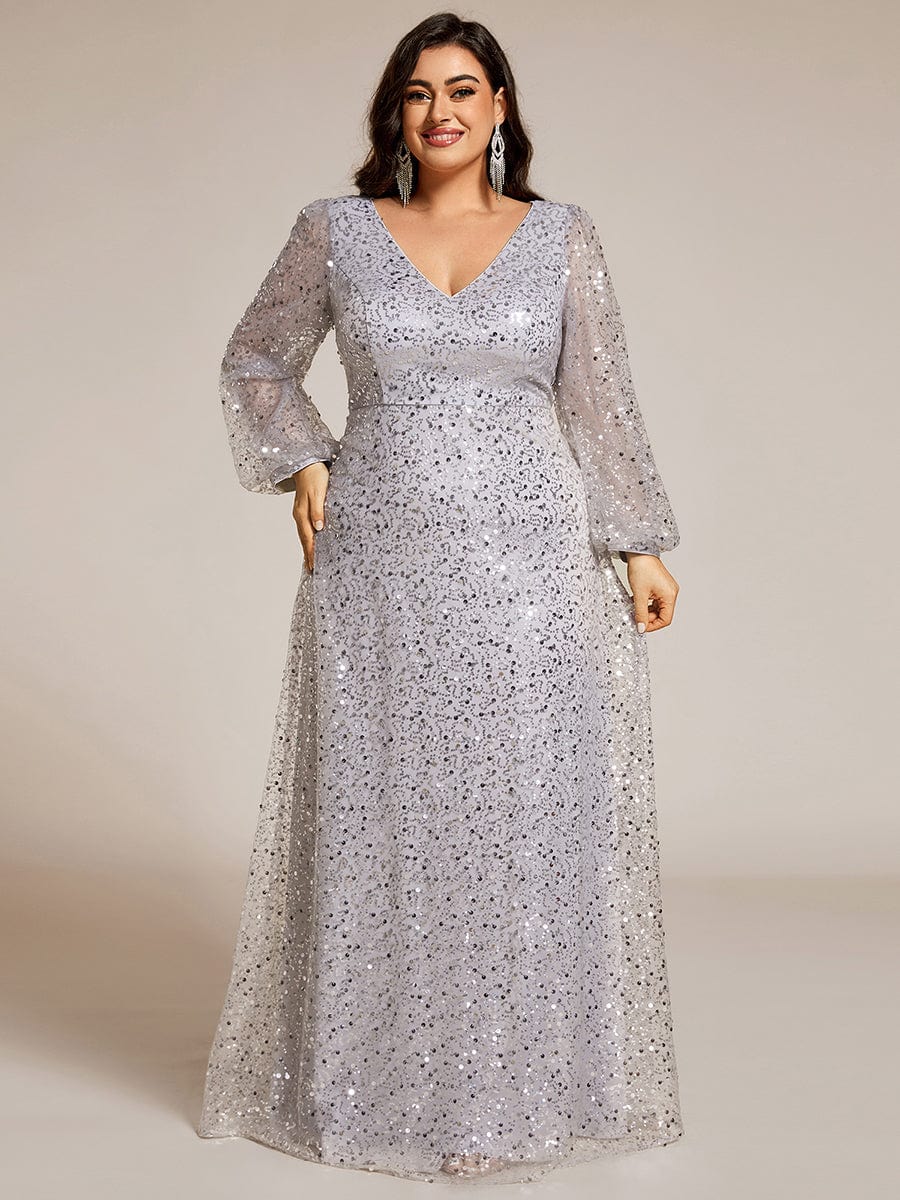 Plus Size V-Neck Lantern Long Sleeve Sequin A-Line Evening Dress #color_Sliver