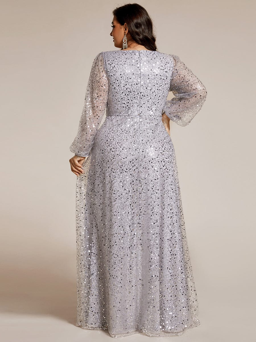 Shimmering All Over V-Neck Long Lantern Sleeve Sequin A-Line Evening Dress #color_Sliver