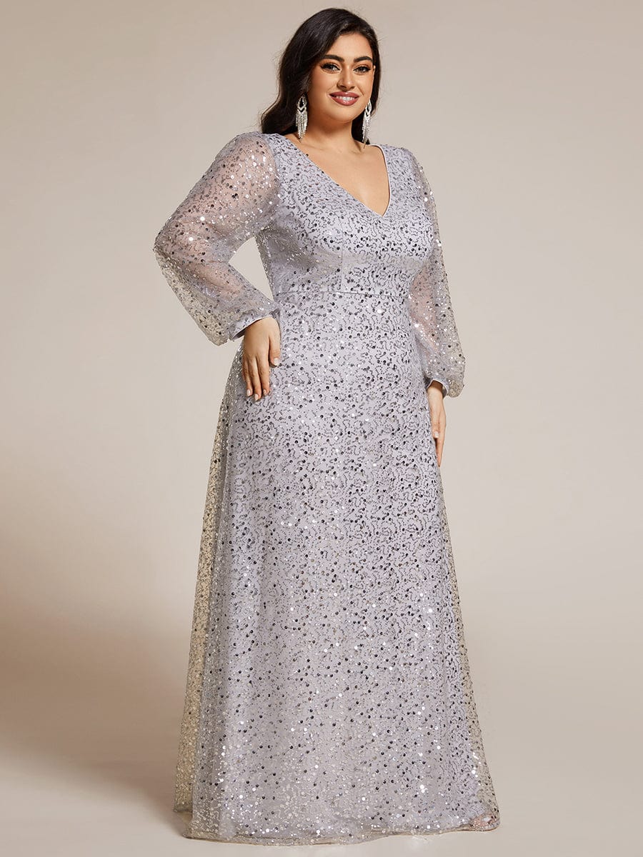 Plus Size V-Neck Lantern Long Sleeve Sequin A-Line Evening Dress #color_Sliver