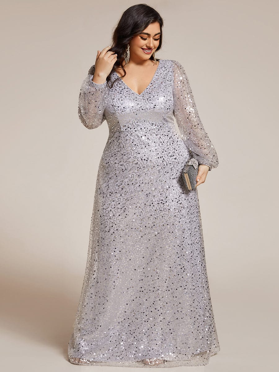 Shimmering All Over V-Neck Long Lantern Sleeve Sequin A-Line Evening Dress #color_Sliver