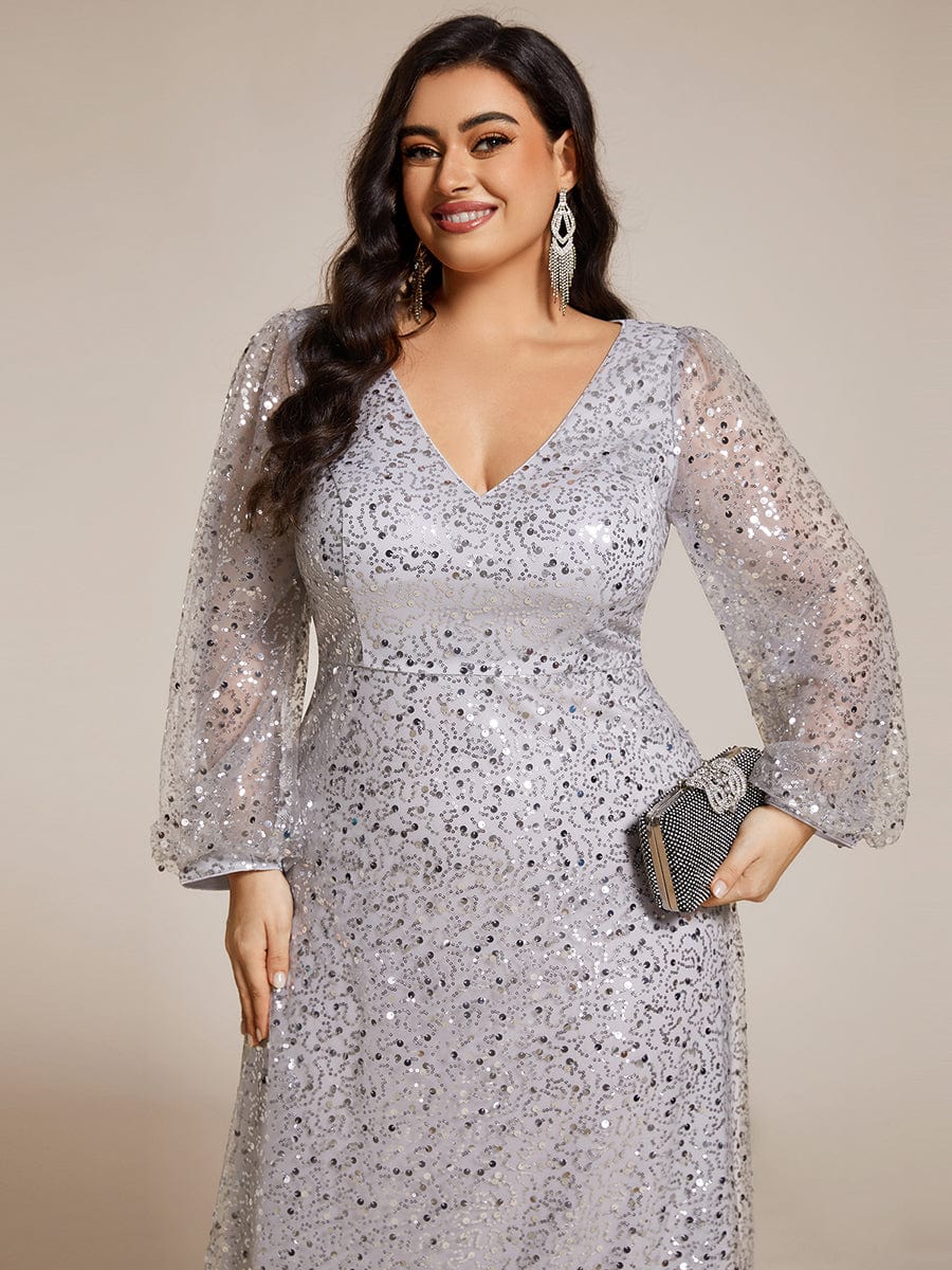 Shimmering All Over V-Neck Long Lantern Sleeve Sequin A-Line Evening Dress #color_Silver