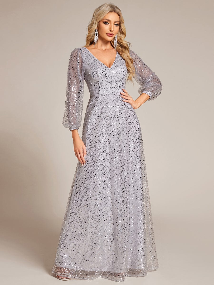 Shimmering All Over V-Neck Long Lantern Sleeve Sequin A-Line Evening Dress #color_Silver