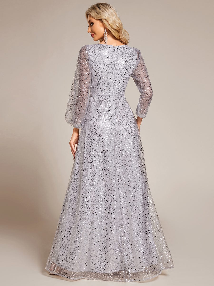 Shimmering All Over V-Neck Long Lantern Sleeve Sequin A-Line Evening Dress #color_Sliver