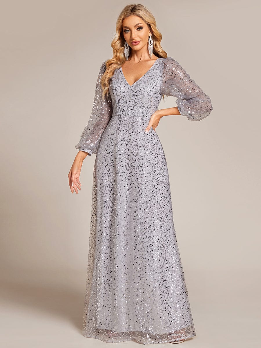 Shimmering All Over V-Neck Long Lantern Sleeve Sequin A-Line Evening Dress #color_Sliver