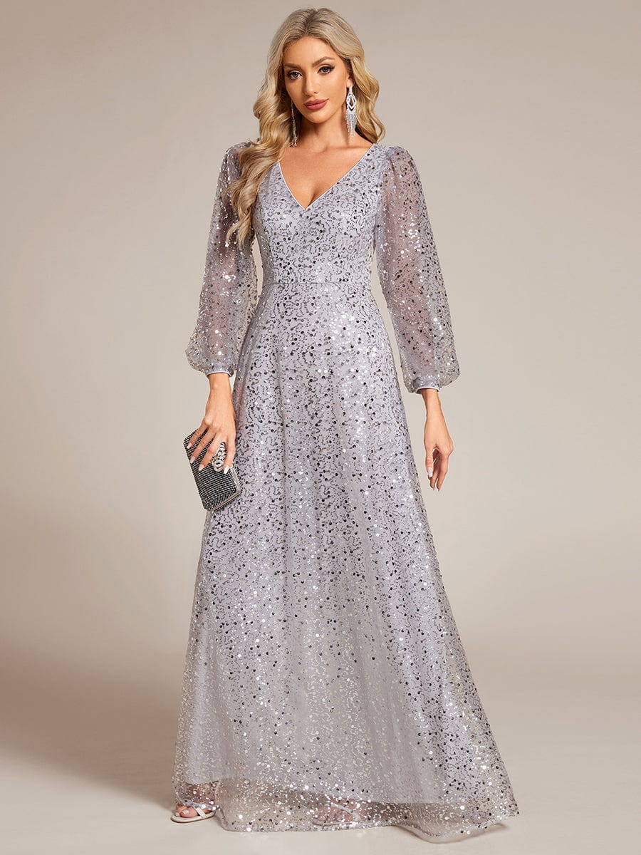 Shimmering All Over V-Neck Long Lantern Sleeve Sequin A-Line Evening Dress #color_Silver