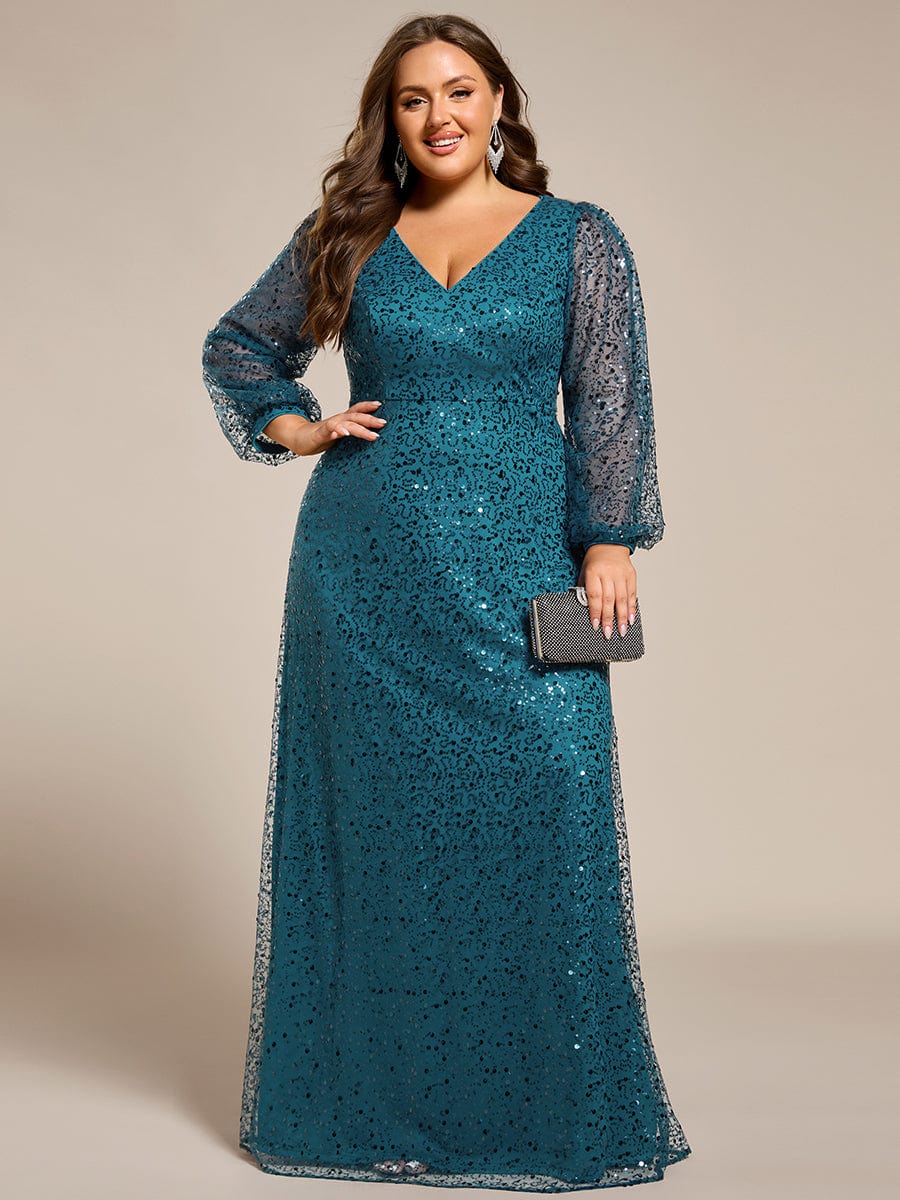 Shimmering All Over V-Neck Long Lantern Sleeve Sequin A-Line Evening Dress #color_Teal