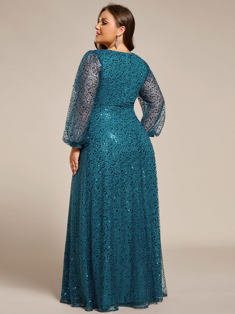 Shimmering All Over V-Neck Long Lantern Sleeve Sequin A-Line Evening Dress #color_Teal