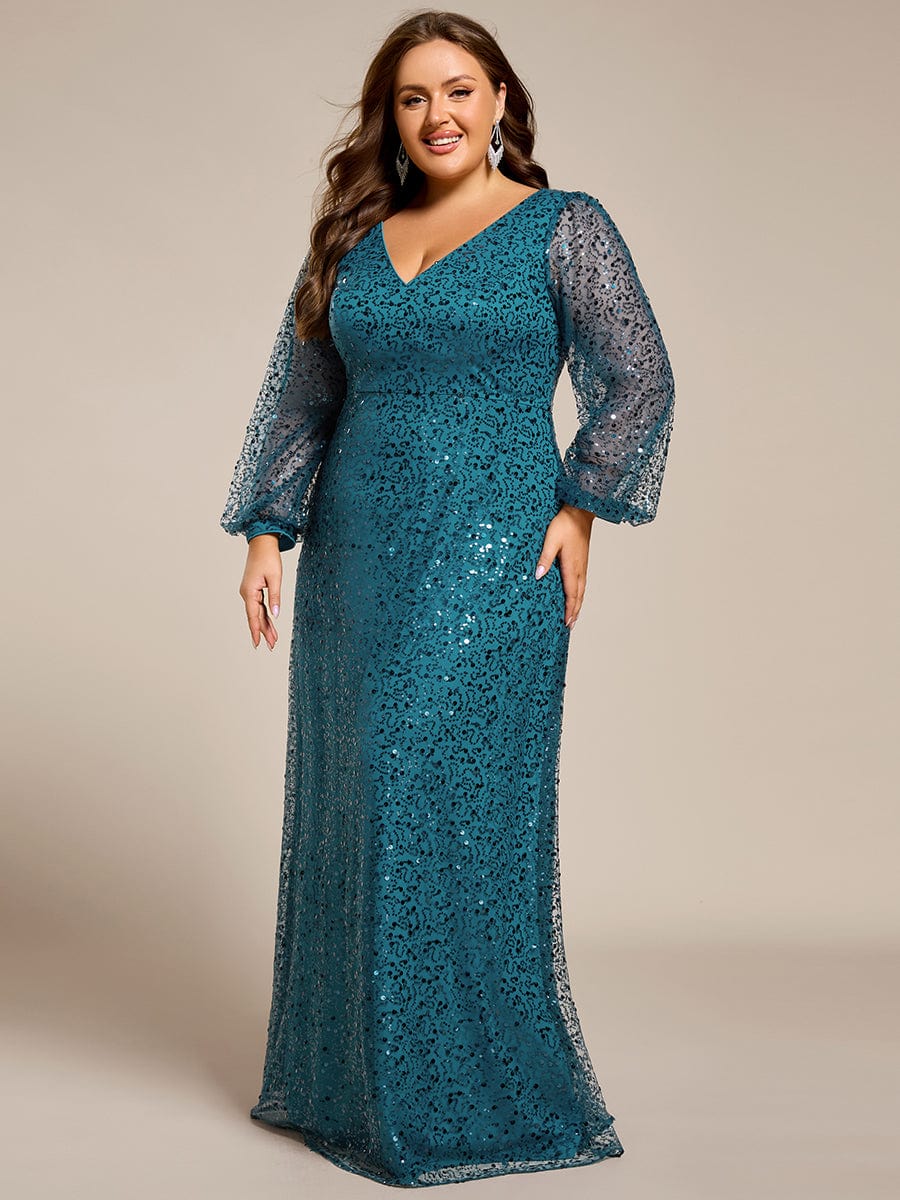 Shimmering All Over V-Neck Long Lantern Sleeve Sequin A-Line Evening Dress #color_Teal