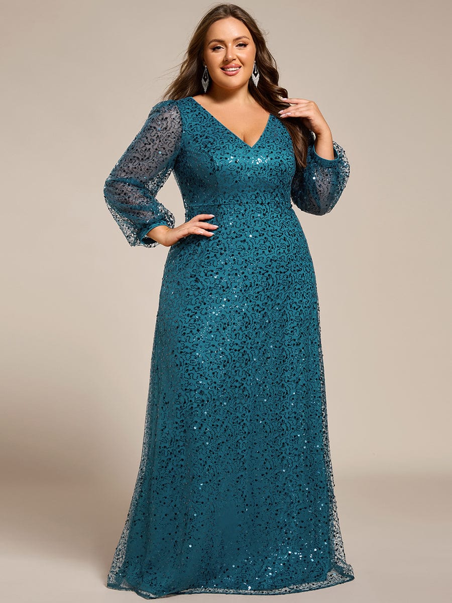 Shimmering All Over V-Neck Long Lantern Sleeve Sequin A-Line Evening Dress #color_Teal