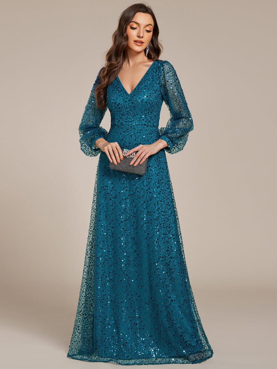 Shimmering All Over V-Neck Long Lantern Sleeve Sequin A-Line Evening Dress #color_Teal