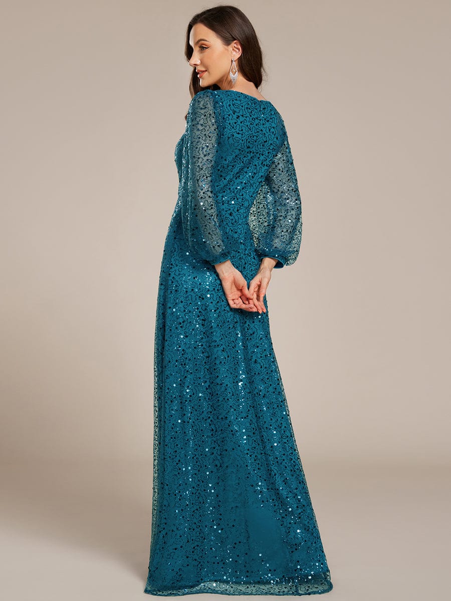 Shimmering All Over V-Neck Long Lantern Sleeve Sequin A-Line Evening Dress #color_Teal