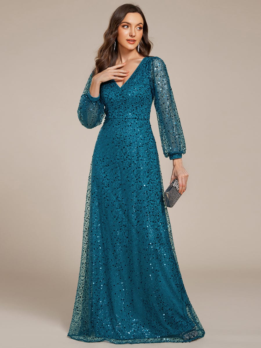 Shimmering All Over V-Neck Long Lantern Sleeve Sequin A-Line Evening Dress #color_Teal