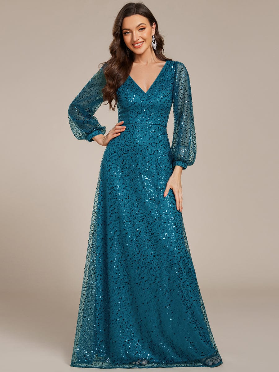 Shimmering All Over V-Neck Long Lantern Sleeve Sequin A-Line Evening Dress #color_Teal