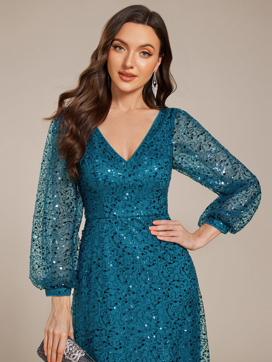 Shimmering All Over V-Neck Long Lantern Sleeve Sequin A-Line Evening Dress #color_Teal