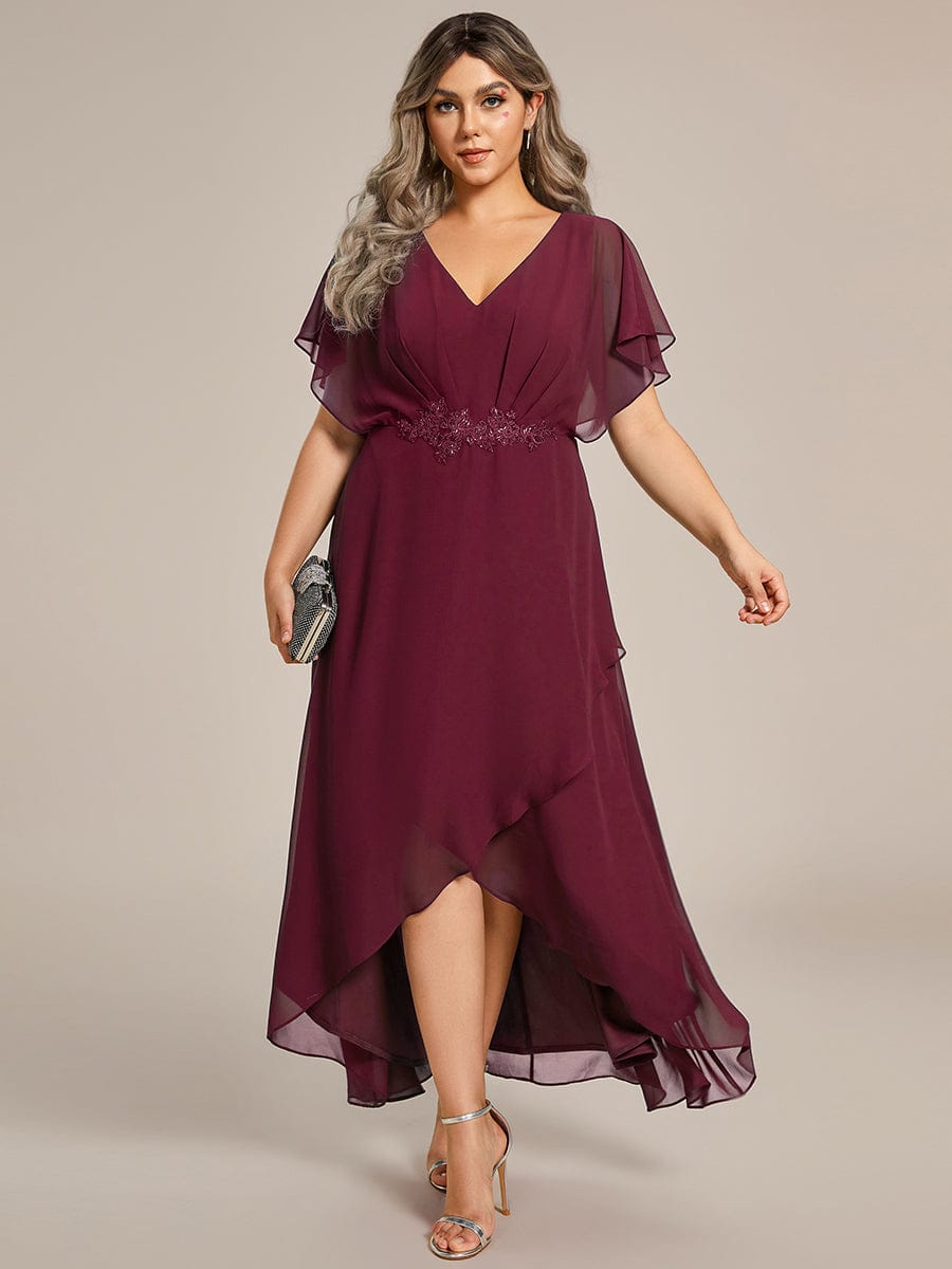 Plus Size V-Neck Chiffon Bat-Wing Sleeve A-Line Waist Applique Formal Dress #color_Burgundy