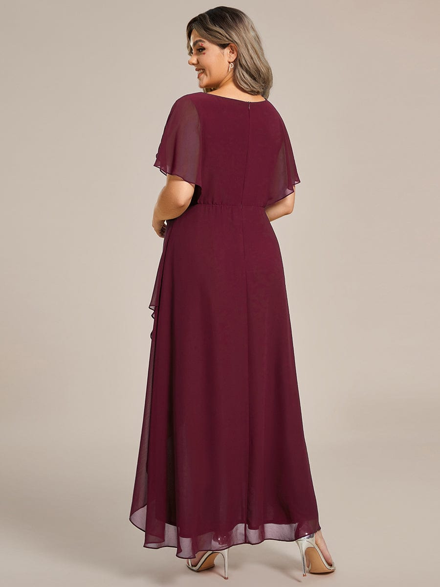 Plus Size V-Neck Chiffon Bat-Wing Sleeve A-Line Waist Applique Formal Dress #color_Burgundy